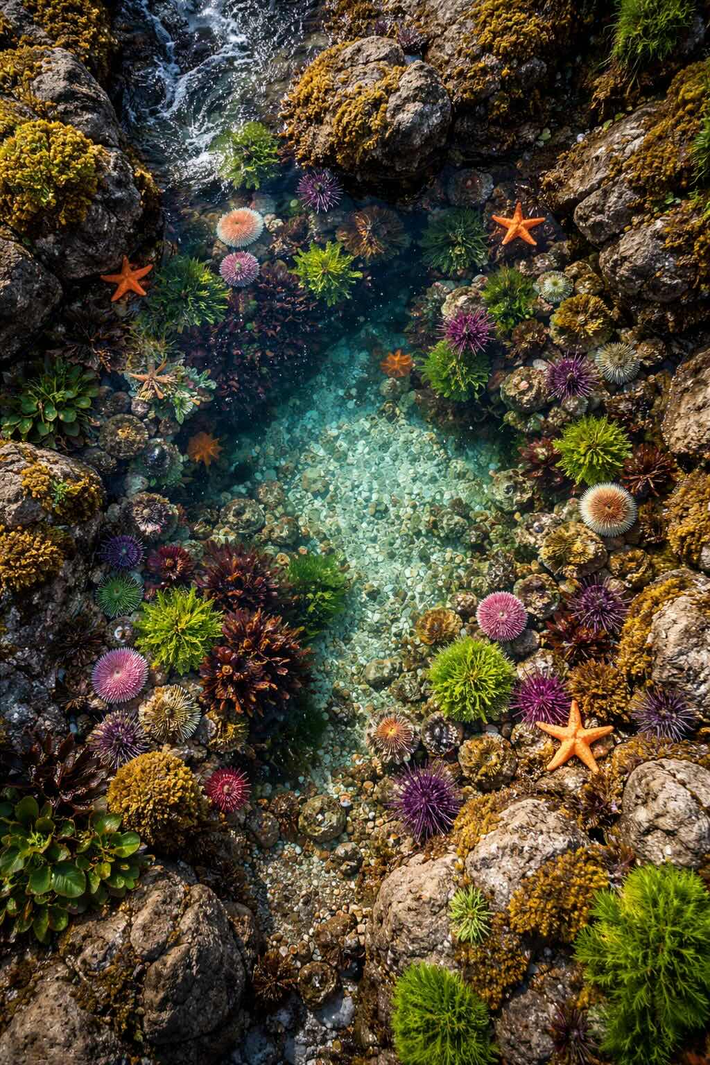 A dense tide pool filled with sea life, echoing the idea of rapid emergence and diversification.